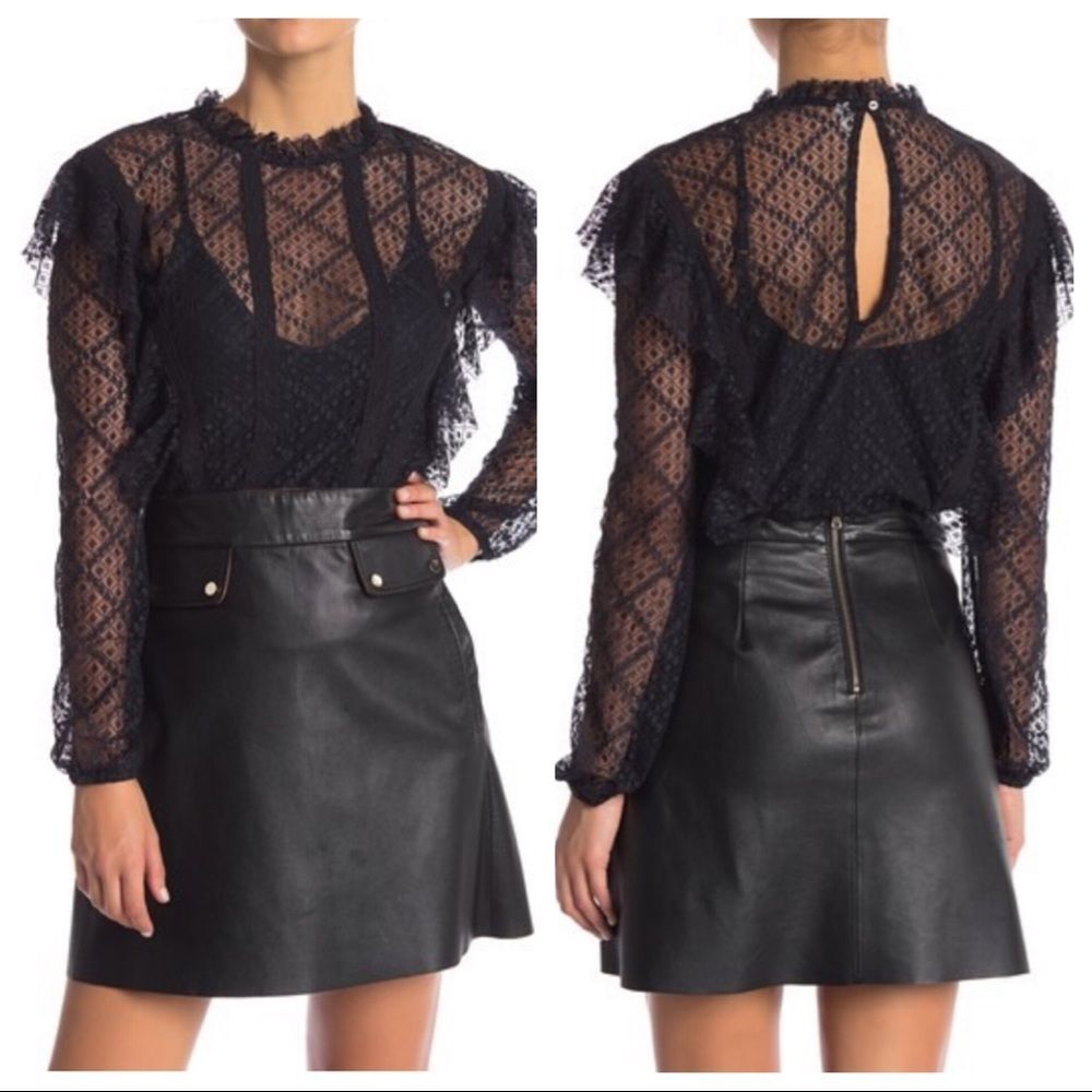 Free People Goldie Bodysuit Black Lace Ruffle Sheer Romantic Top XS